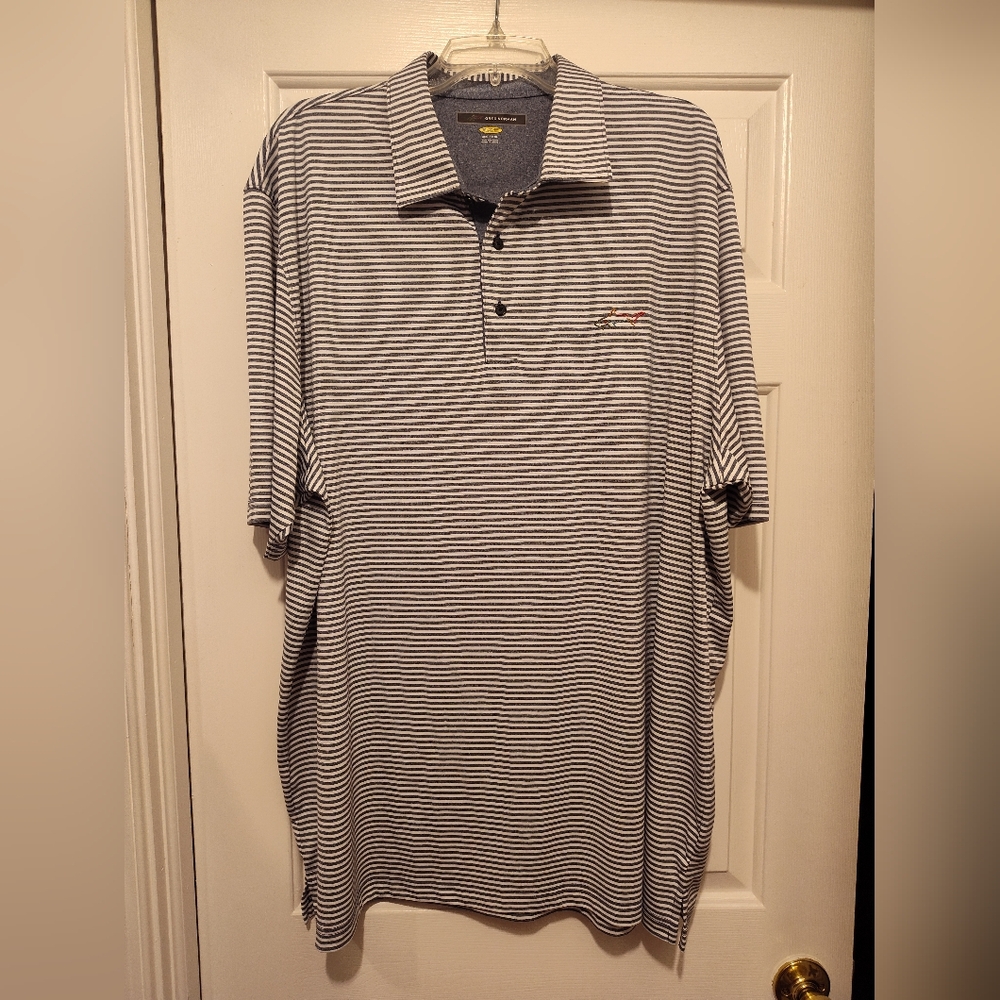 💚 Greg Norman Navy Blue And White Striped Polo Shirt